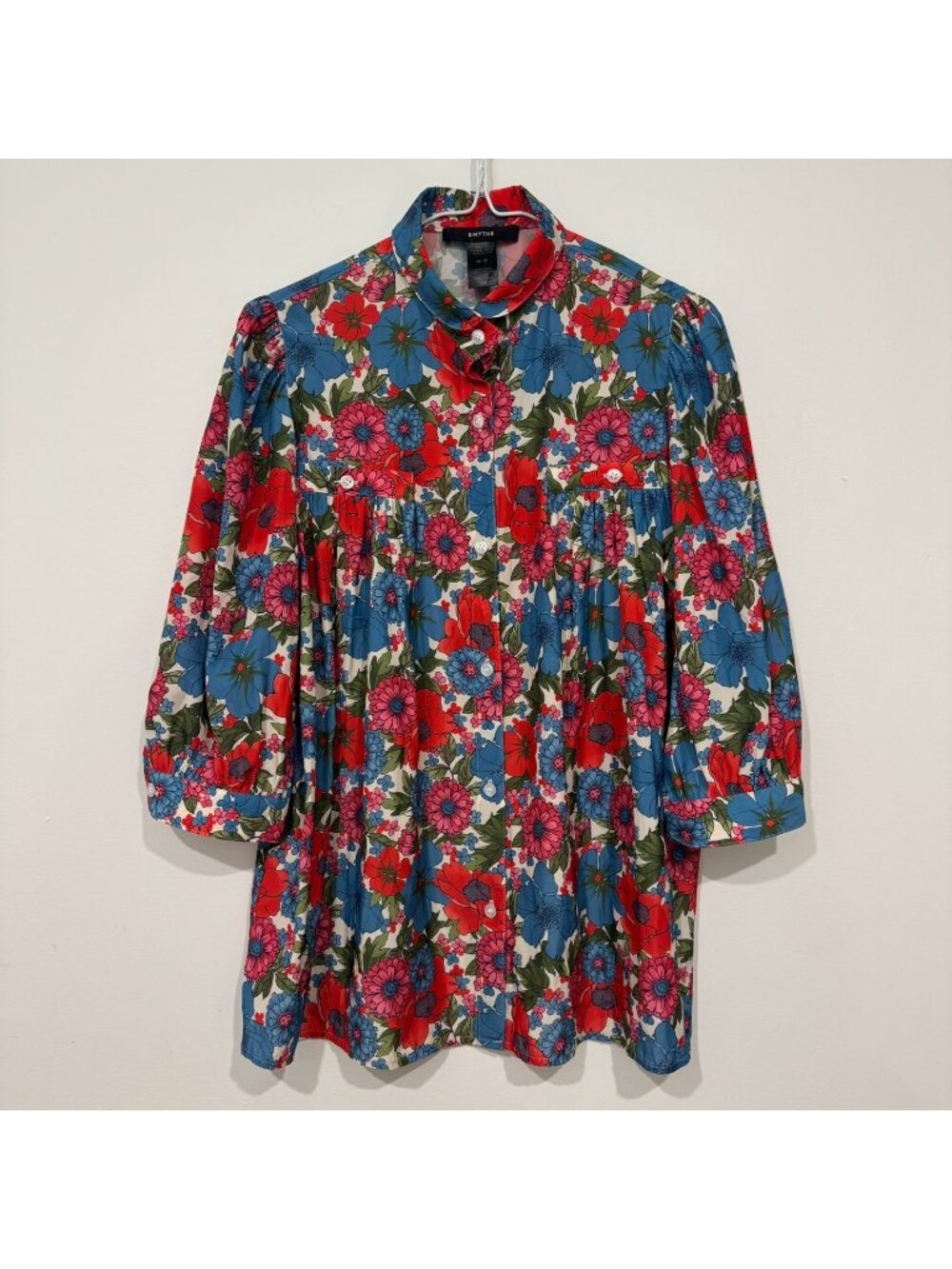 SMYTHE Women's Shirred Pocket Blouse Blue Pink 60's Floral Size S
